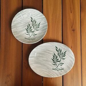 Vtg Royal China Green Leaf Print 11" Platter & 8" Bowl Gray Stripes Matching Set